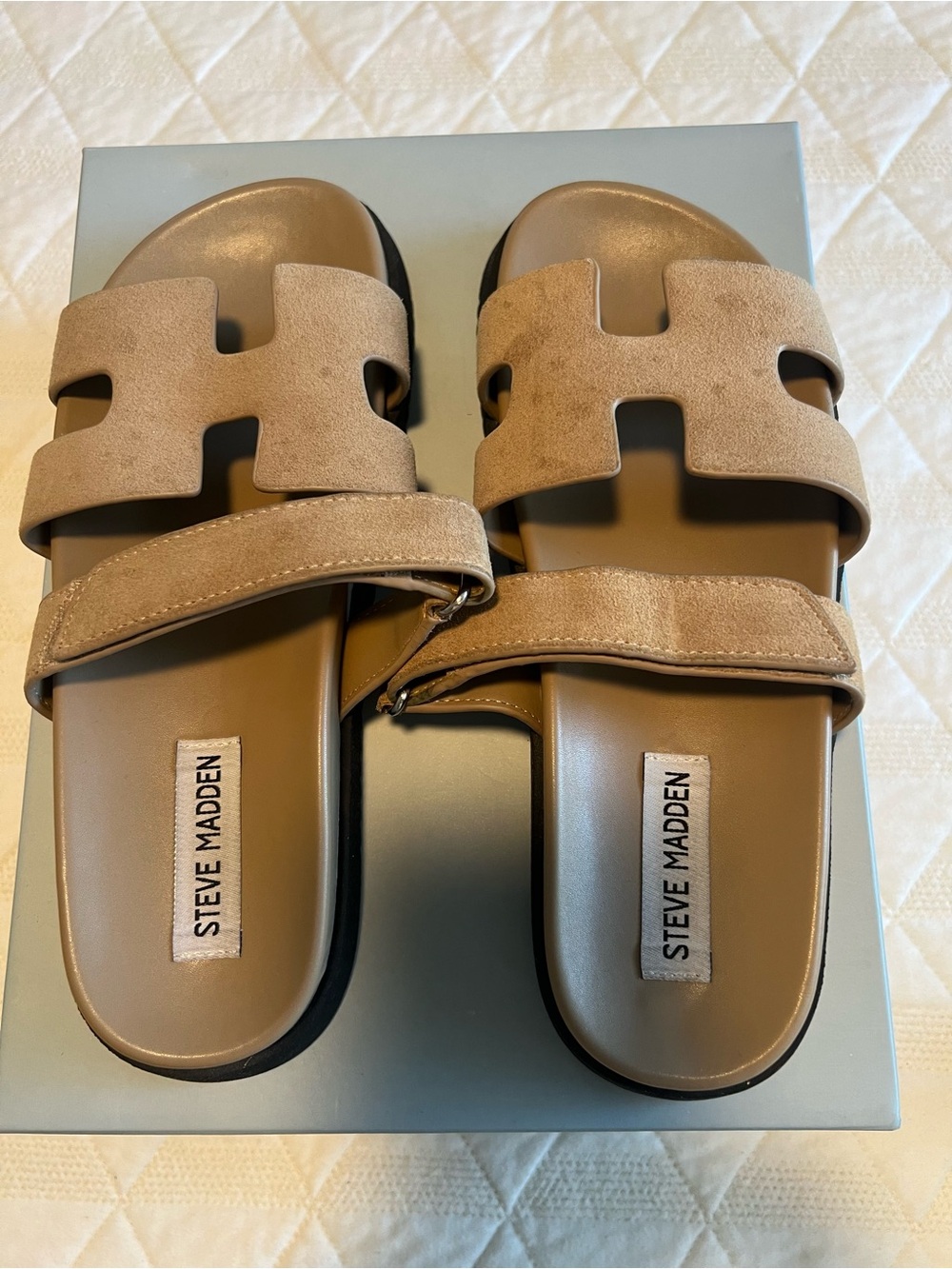 Steve Madden Taupe Suede Two-Strap Slide Sandals